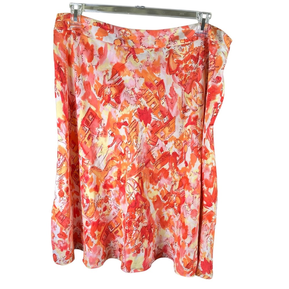 Valerie Stevens‎ Woman 20W Silk Skirt Orange Red Watercolor Print Lined Side Zip